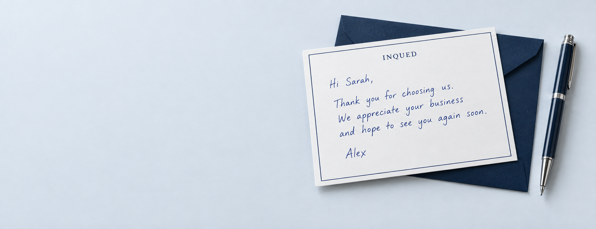 Handwritten card and navy envelope, stationery mockup